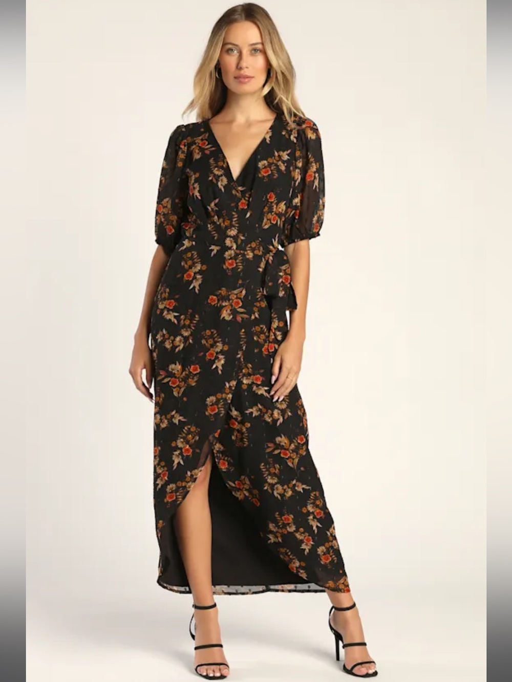 Lulu's Black Fall Floral Wrap High Low Maxi Dress with Orange and Tan Blooms